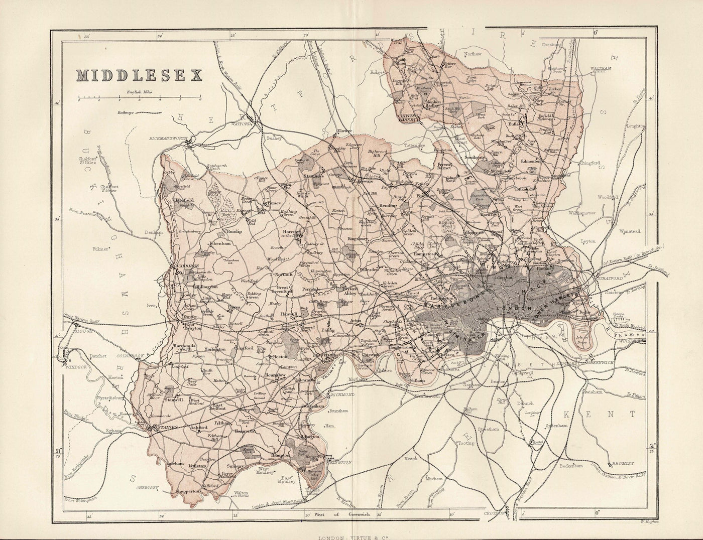 Middlesex (including London) antique map published 1868