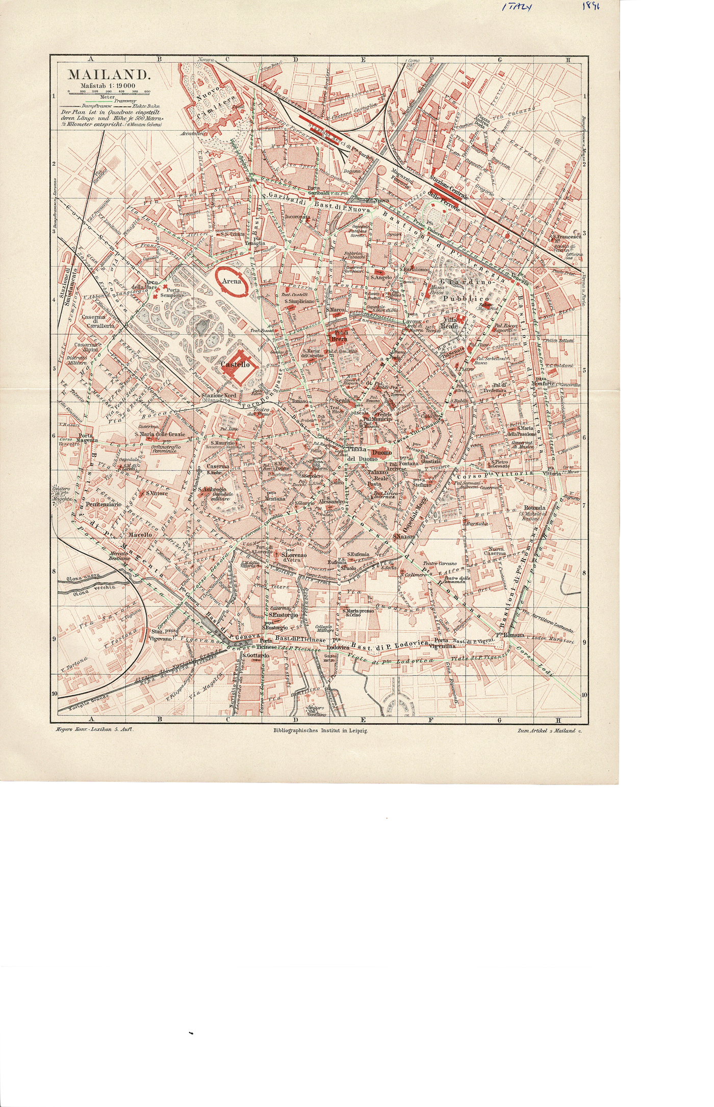 Milan Italy antique map from Meyer's "Konversations ... " 1896