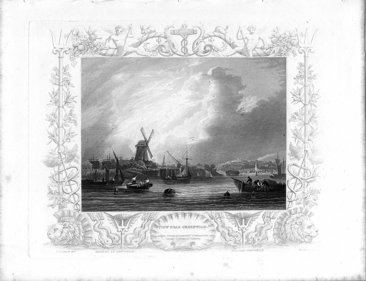 Isle of Dogs Millwall windmill antique print 1840