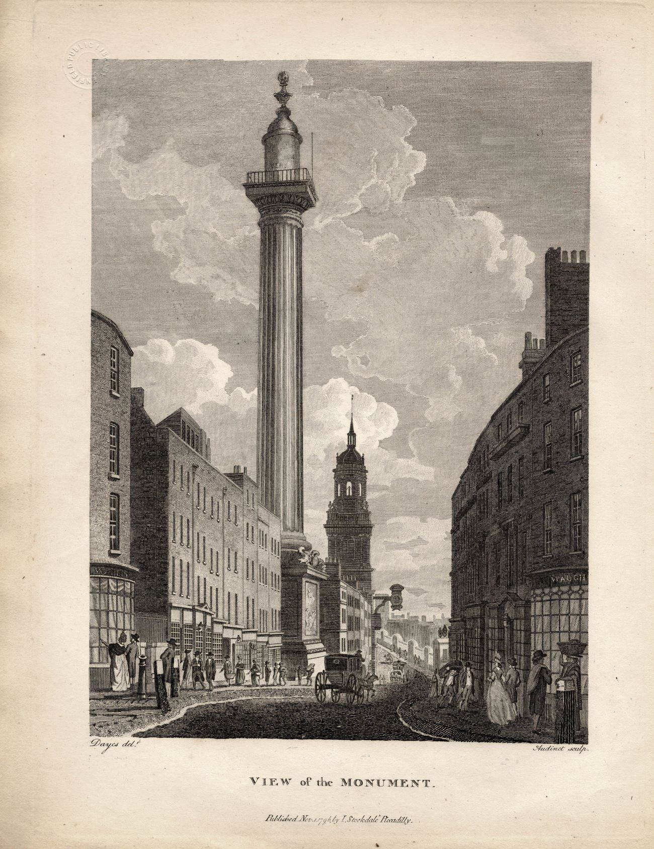 Monument, City of London, Antique Print, 1798