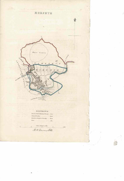 Morpeth antique map 1837 including Racecourse, barracks and rivers