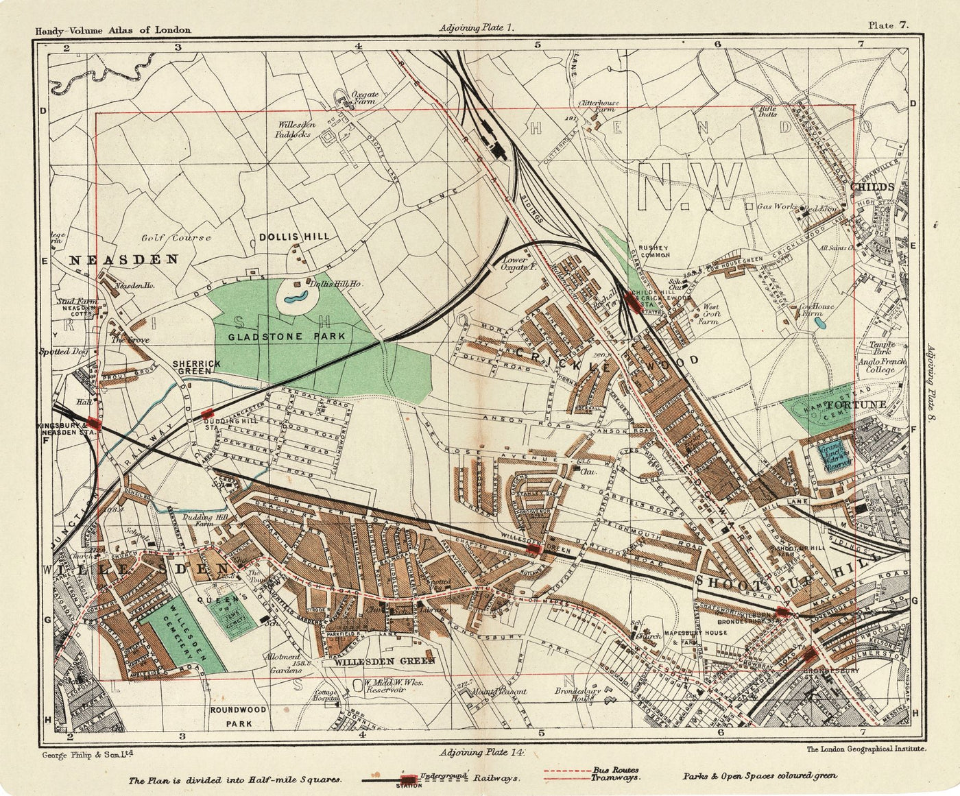 Willesden, Kilburn, Cricklewood, Dollis Hill antique map 1907