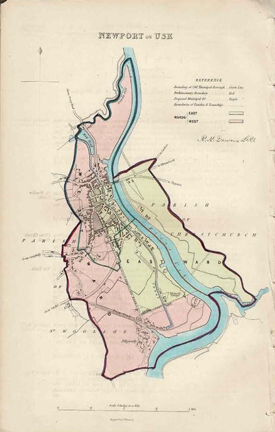 antique map of Newport on Usk town plan and environs.