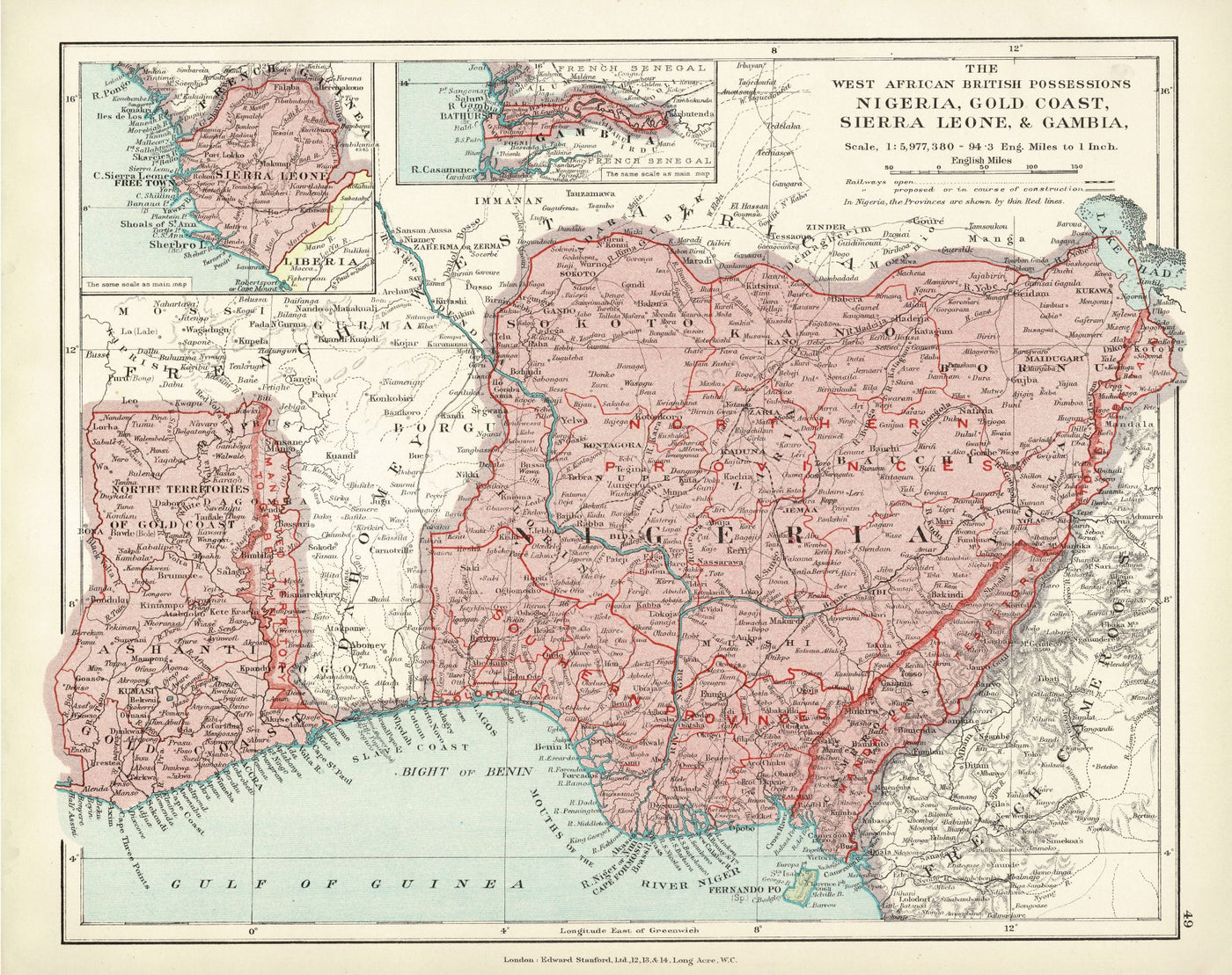 Nigeria, Gold Coast, Sierra Leone, and Gambia antique map 1926