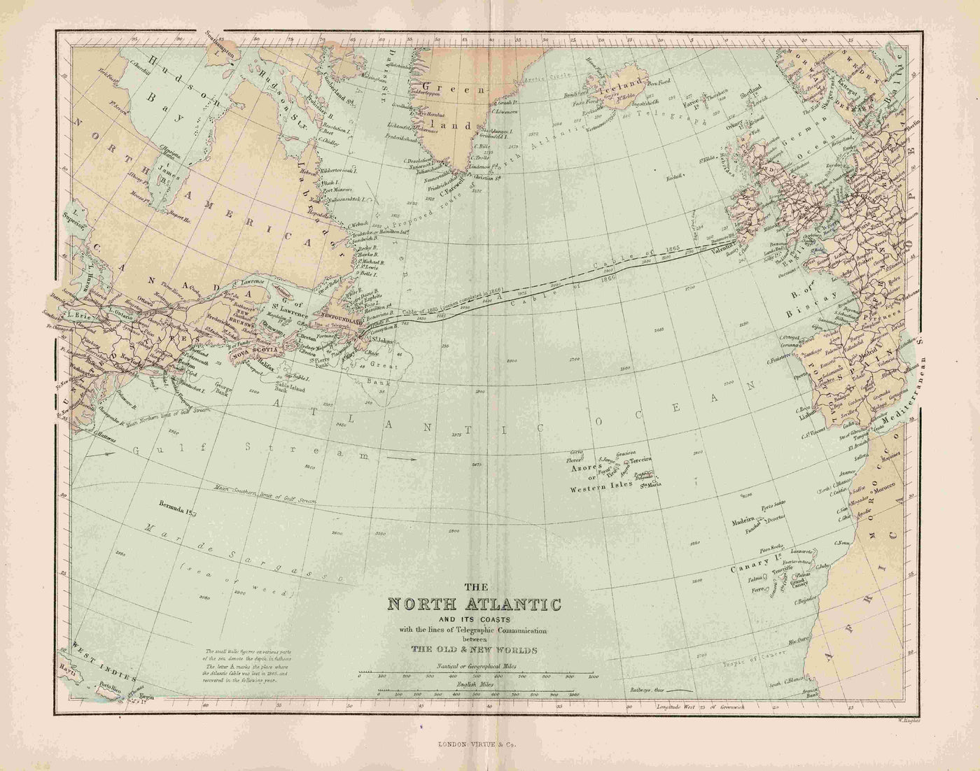 North Atlantic coasts and lines of Telegraphic Cables antique map 1868