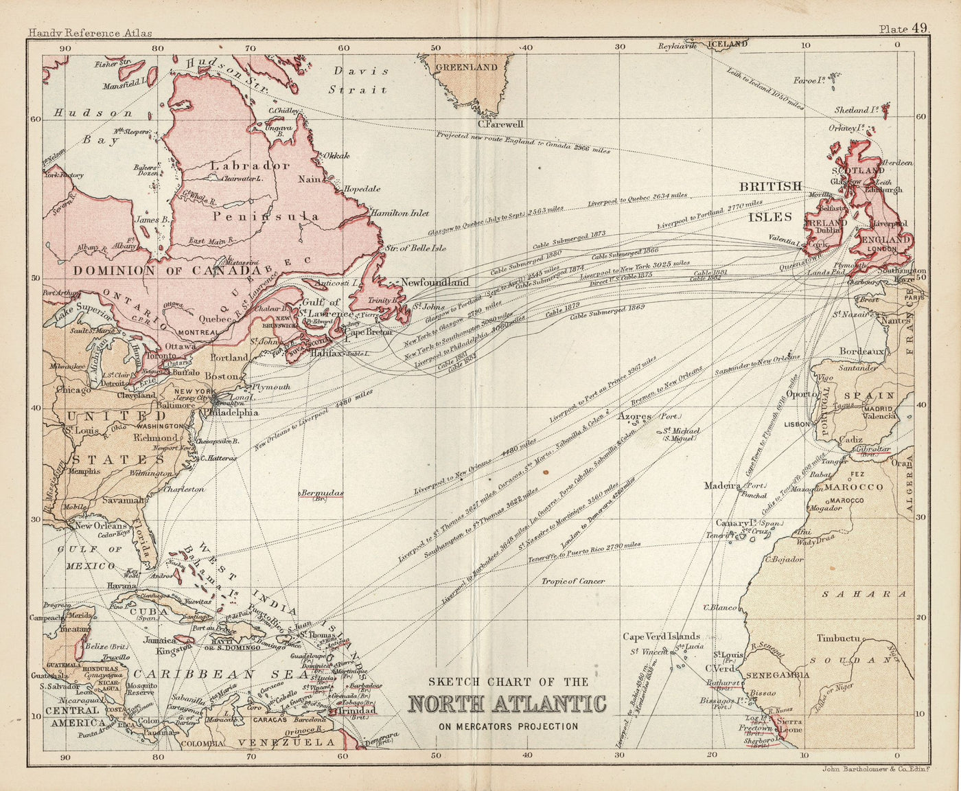 North Atlantic Chart on Mercator's Projection antique map 1890 Maps