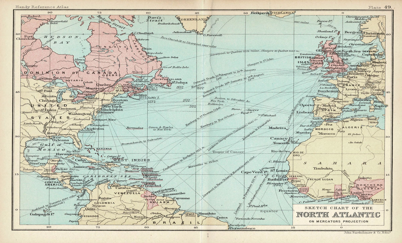 North Atlantic Chart on Mercators Projection antique map 1898