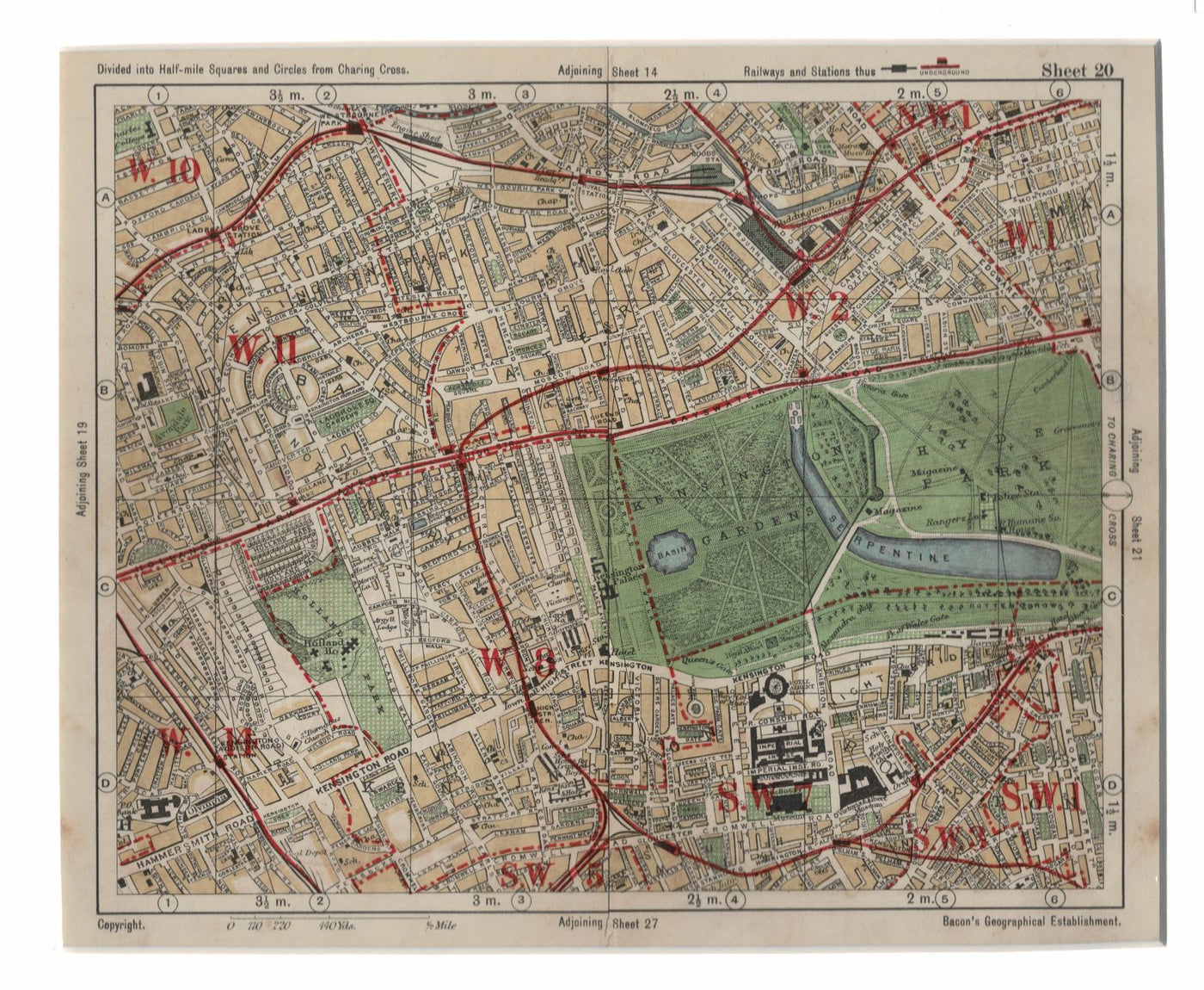 Notting Hill, Kensington Gardens and Hyde Park vintage map 1929