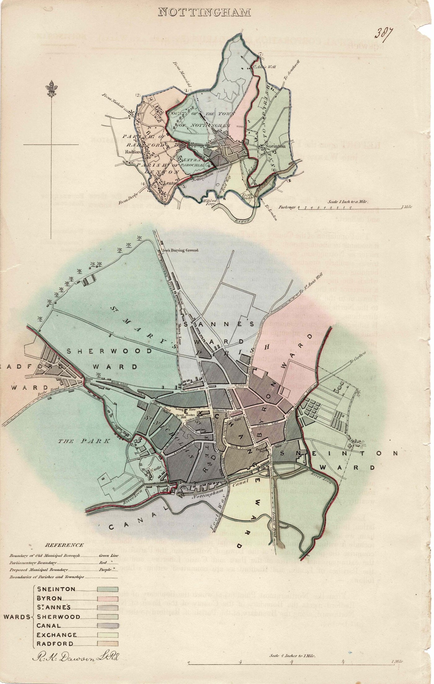 Nottingham Ordnance Survey 1837 Boundary Commission antique map