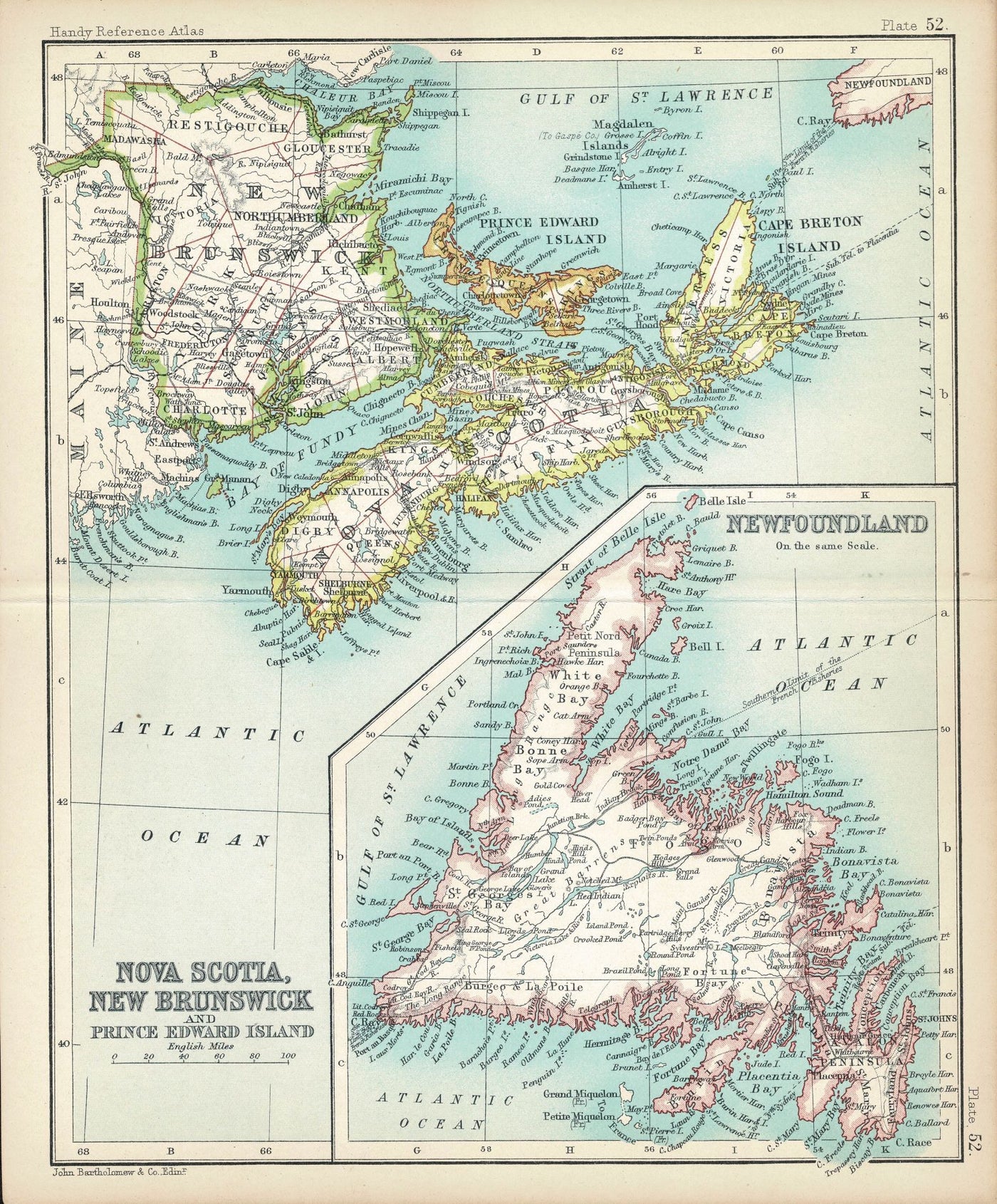 Nova Scotia, New Brunswick, and Newfoundland antique map 1909