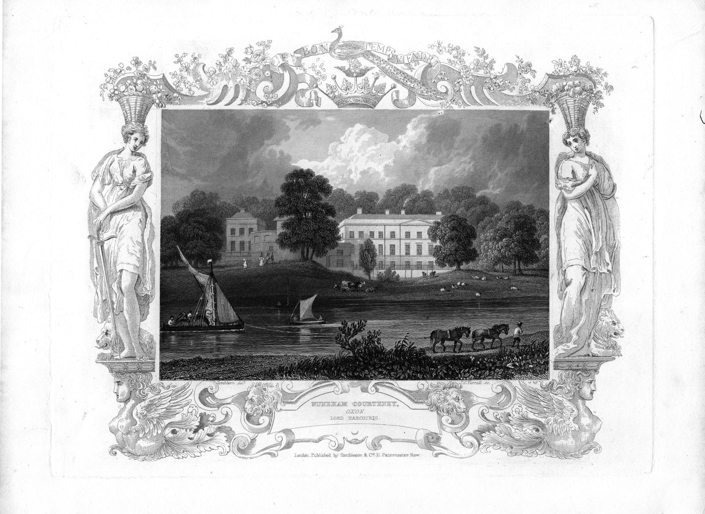 Nuneham Courteney Oxfordshire on the River Thames antique print 1840