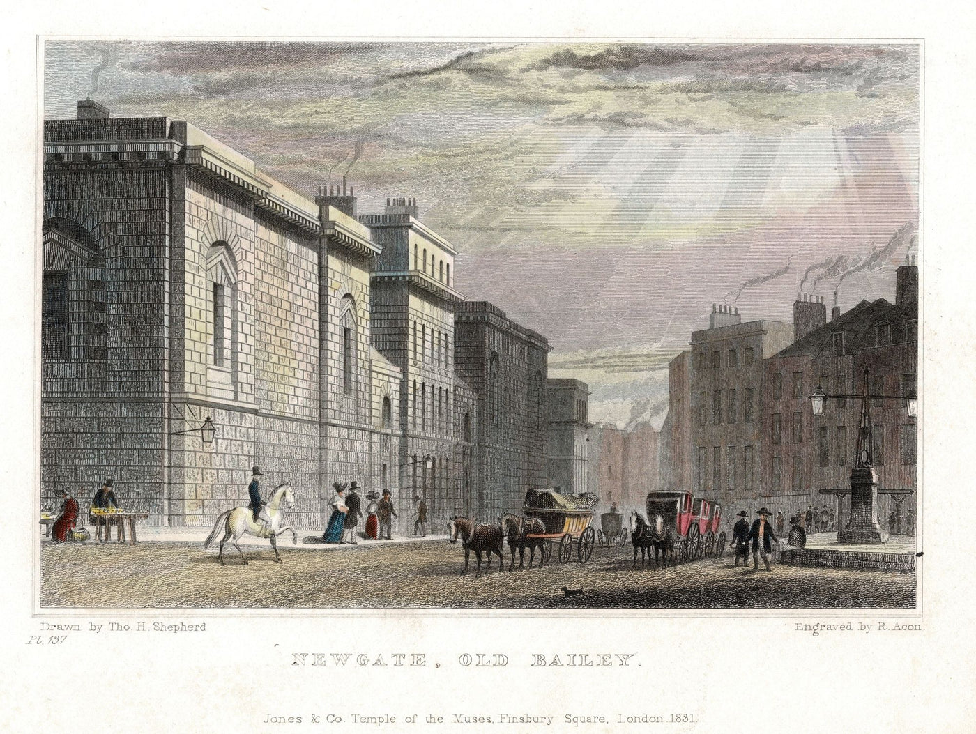 Old Bailey from Newgate in the City of London antique print 1831