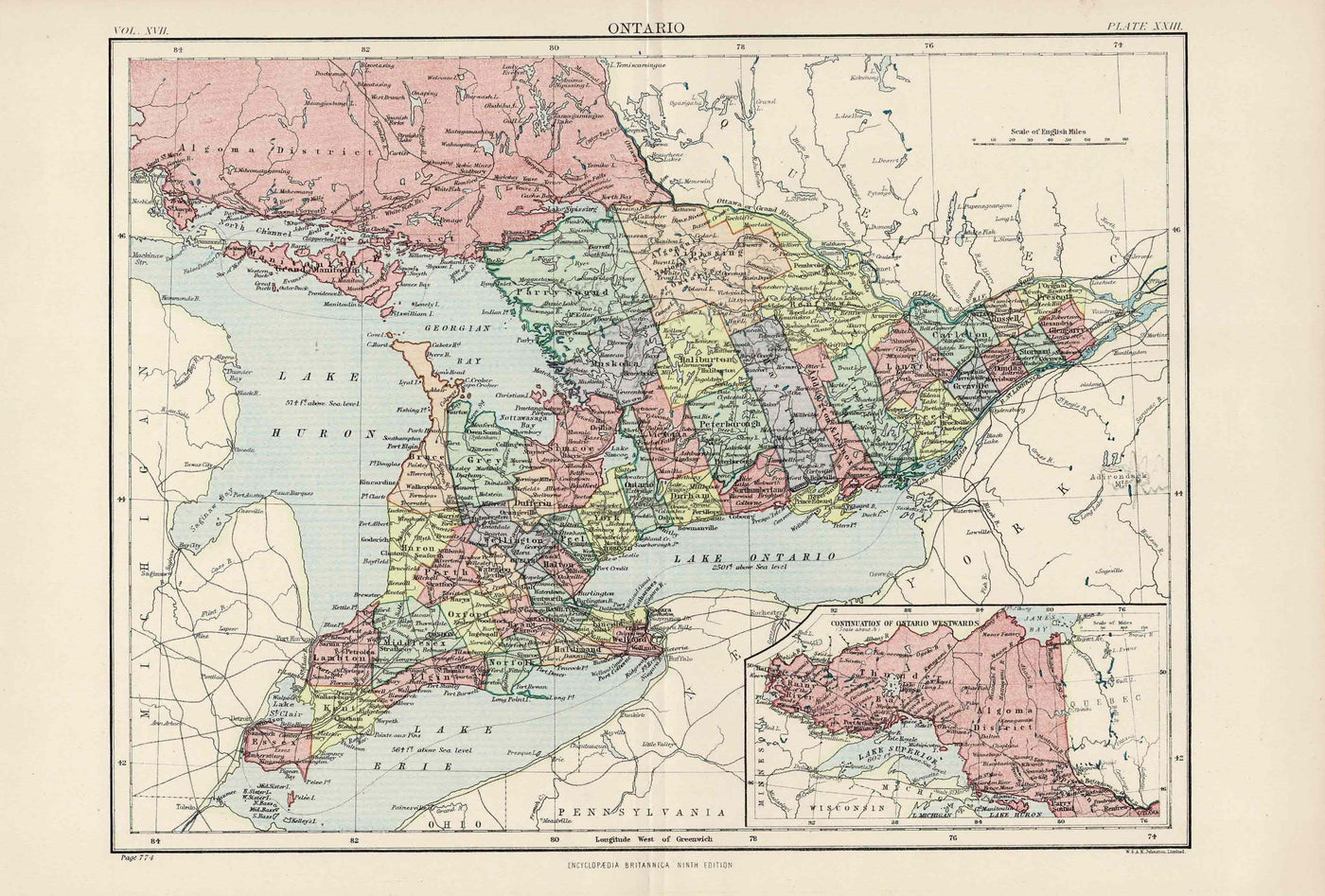 Ontario Canada antique map from Encyclopaedia Britannica c.1889