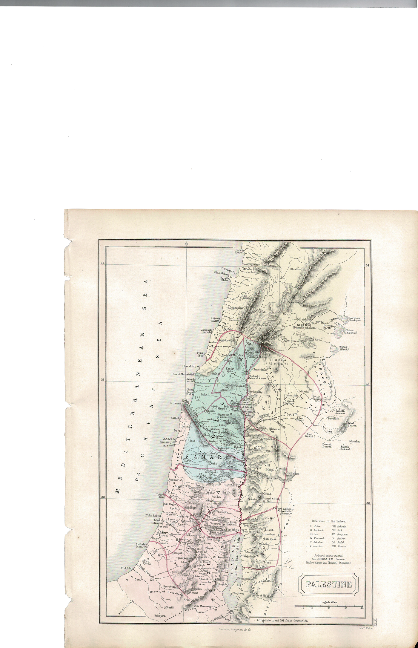 Palestine antique map by Longman & Co published c.1844