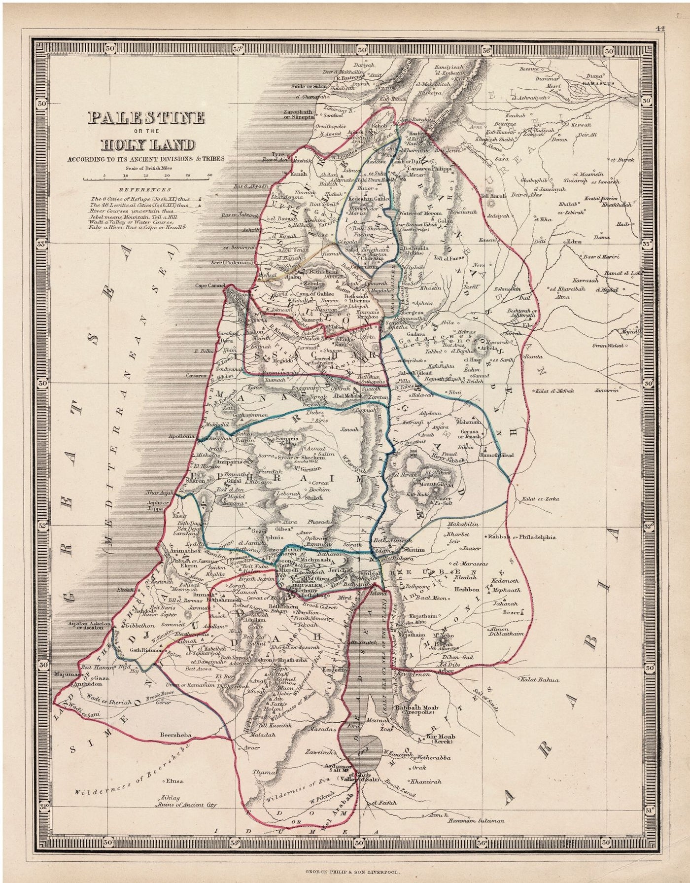 Palestine or the Holy Land antique map by George Philip & Sons published 1852