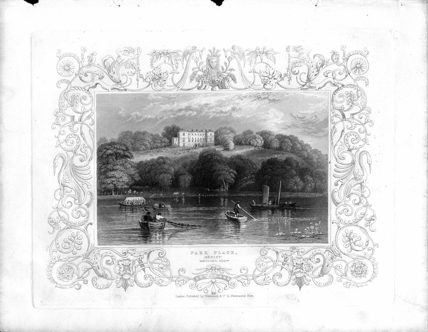 Park Place Henley from  across the River Thames antique print 1840