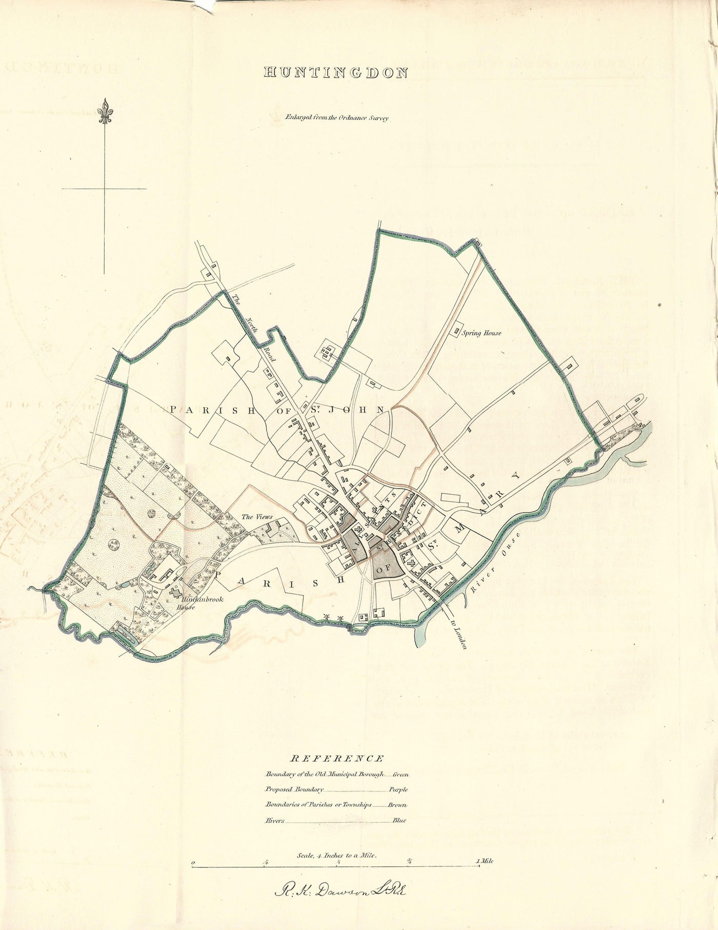 Huntingdon Ordnance Survey Boundary Commission antique map 1837