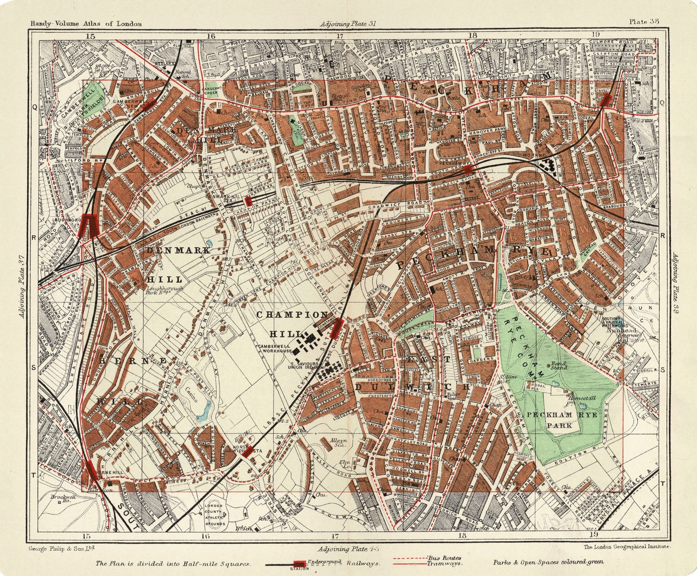 Peckham, Peckham Rye, Denmark Hill, Champion Hill, Dulwich antique map 1907