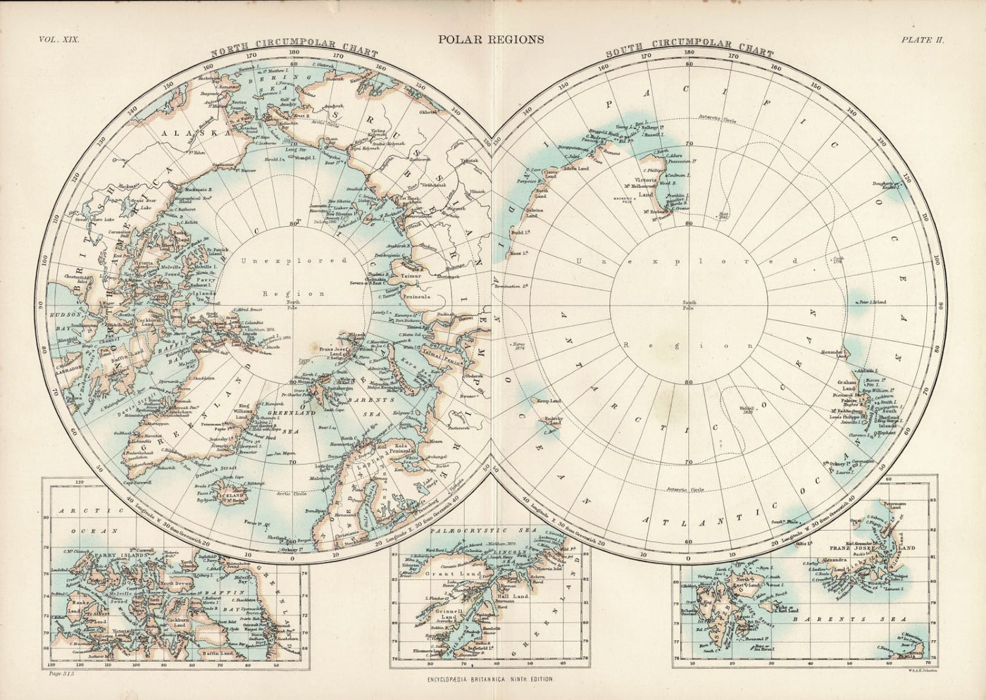 Polar Regions Encyclopaedia Britannica antique map 1889