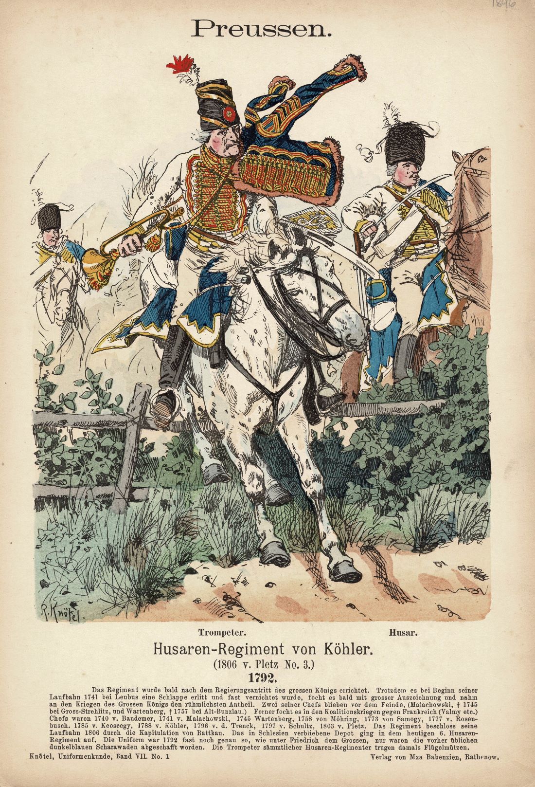 Prussian Hussar's Uniforms from 1792 antique print published 1896