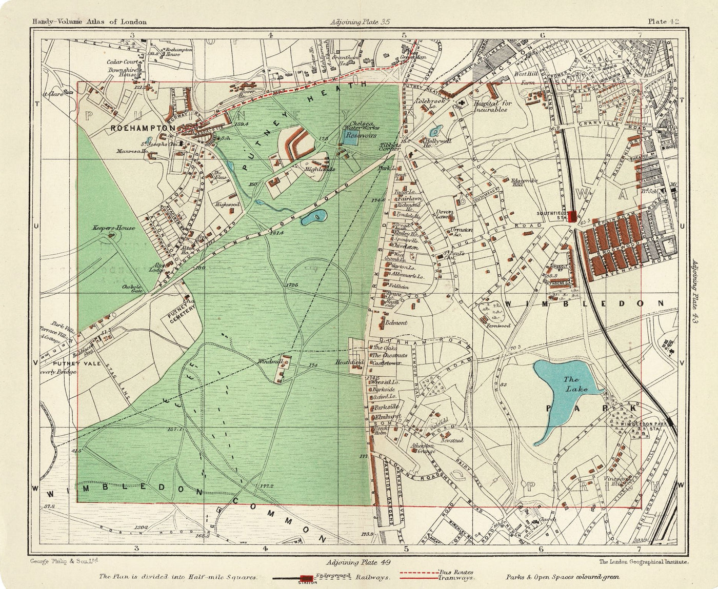 Putney, Putney Heath, Wimbledon Common, Southfields antique print  1907