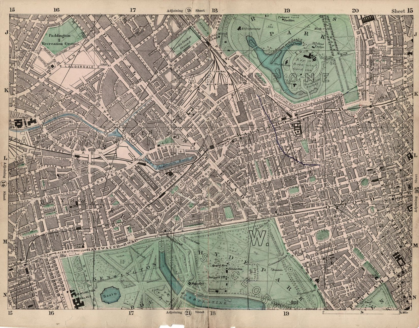 Regents Park, Kensington Gardens and Hyde Park antique map 1897