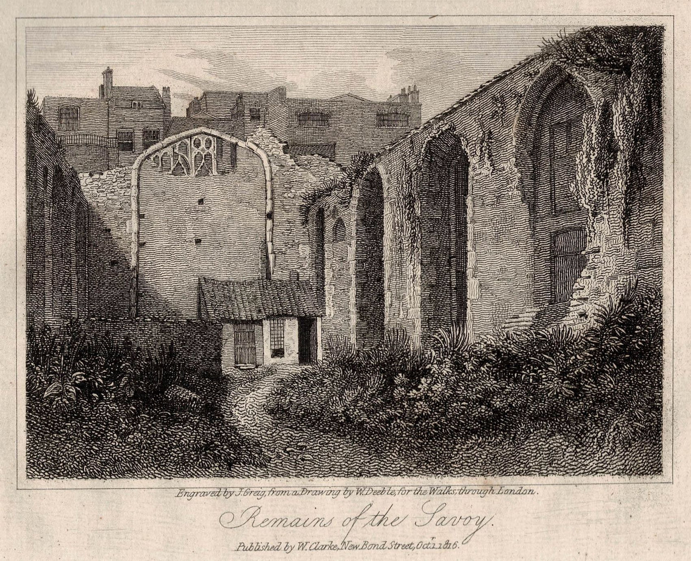 Remains of the Savoy London antique print 1817