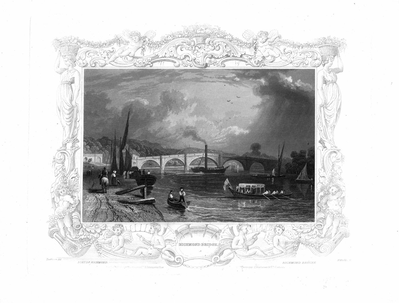 Richmond Bridge Surrey across the River Thames antique print 1840