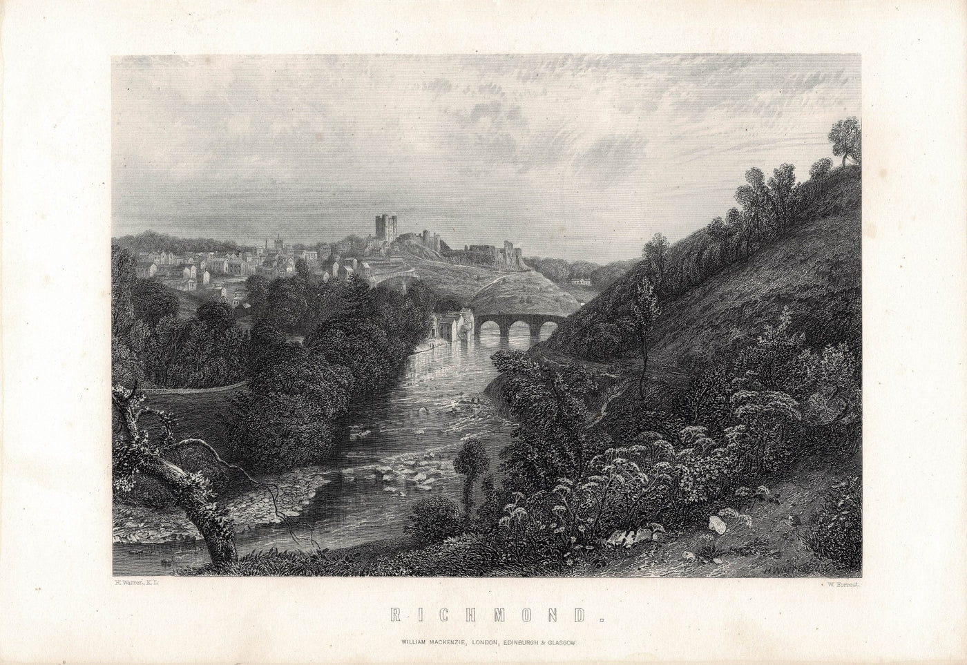 Richmond Yorkshire viewed across the River Swale antique print 1879