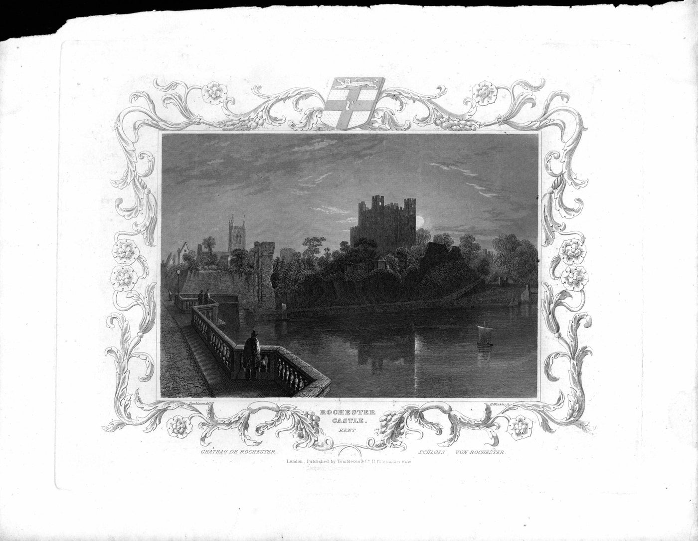 Rochester Castle from the River Medway Kent antique map 1840
