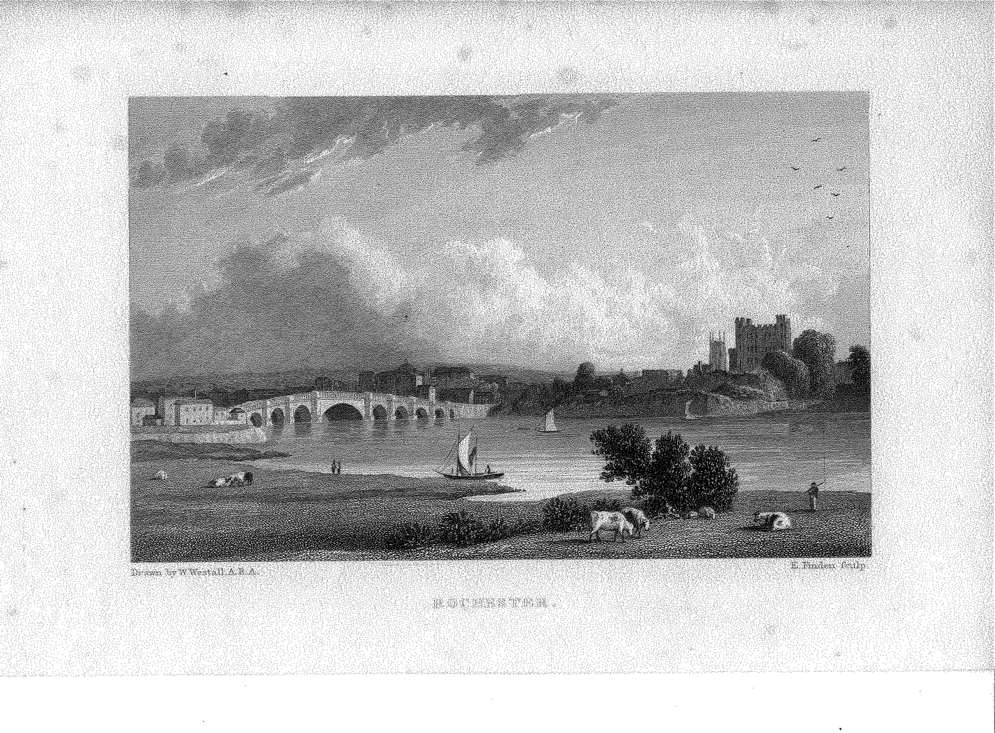Rochester Bridge and Castle Kent antique print 1830