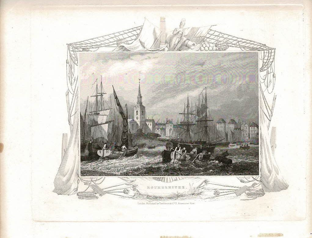 Rotherhithe from the River Thames antique print 1840