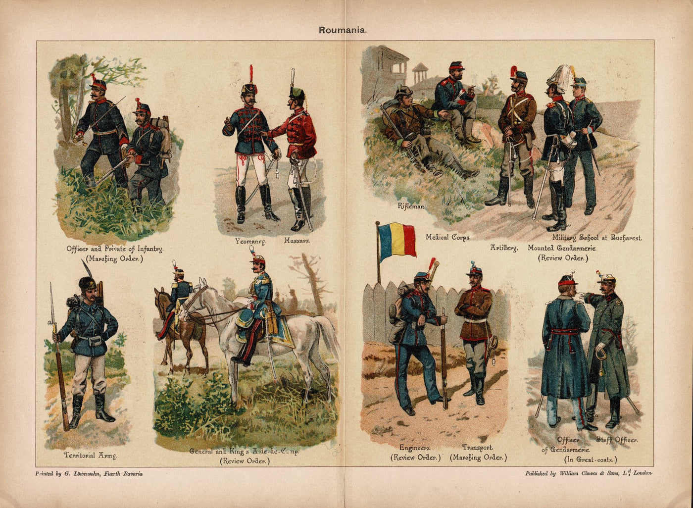 Roumania Army uniforms by Richard Knotel antique print 1890