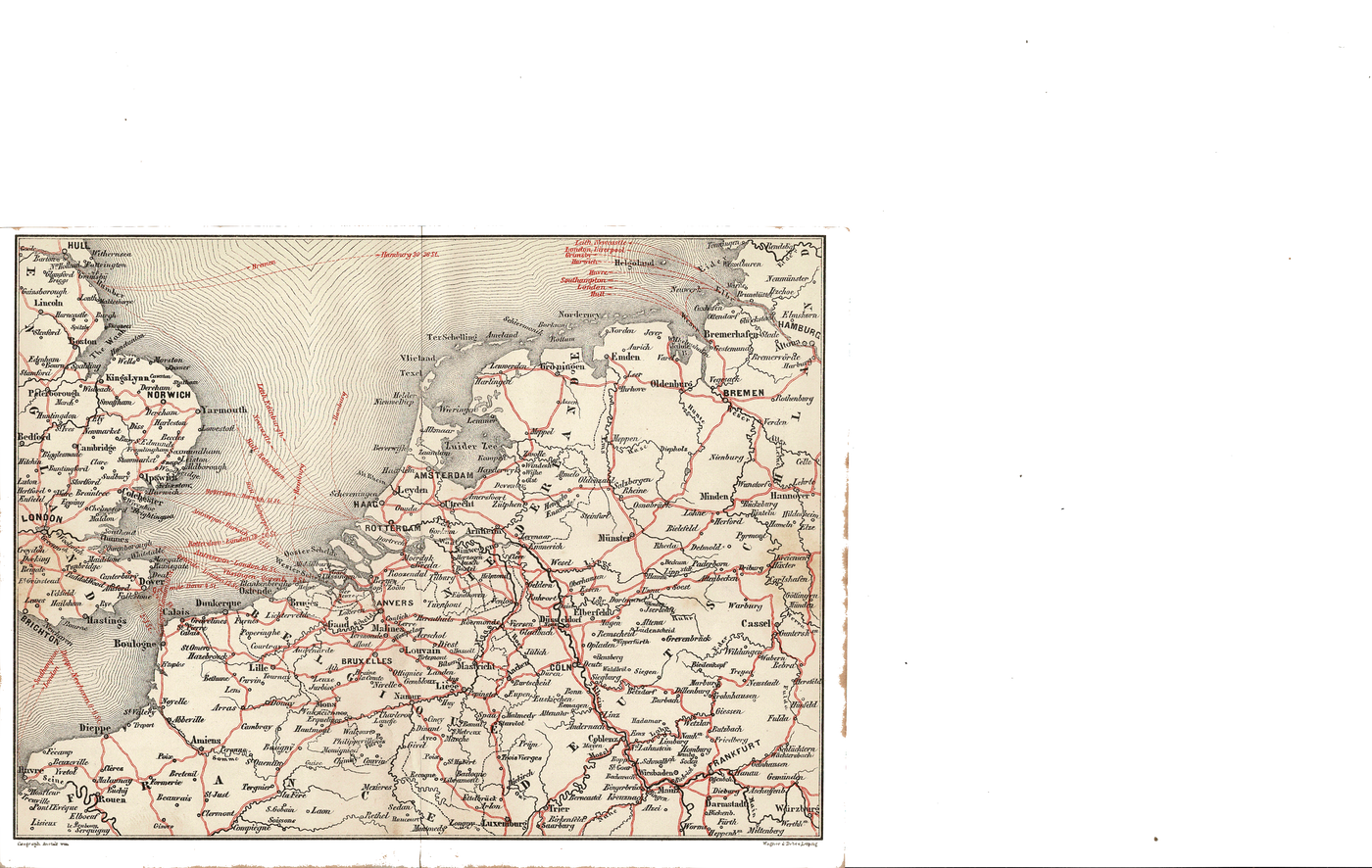 England to the Continent route antique map 1890