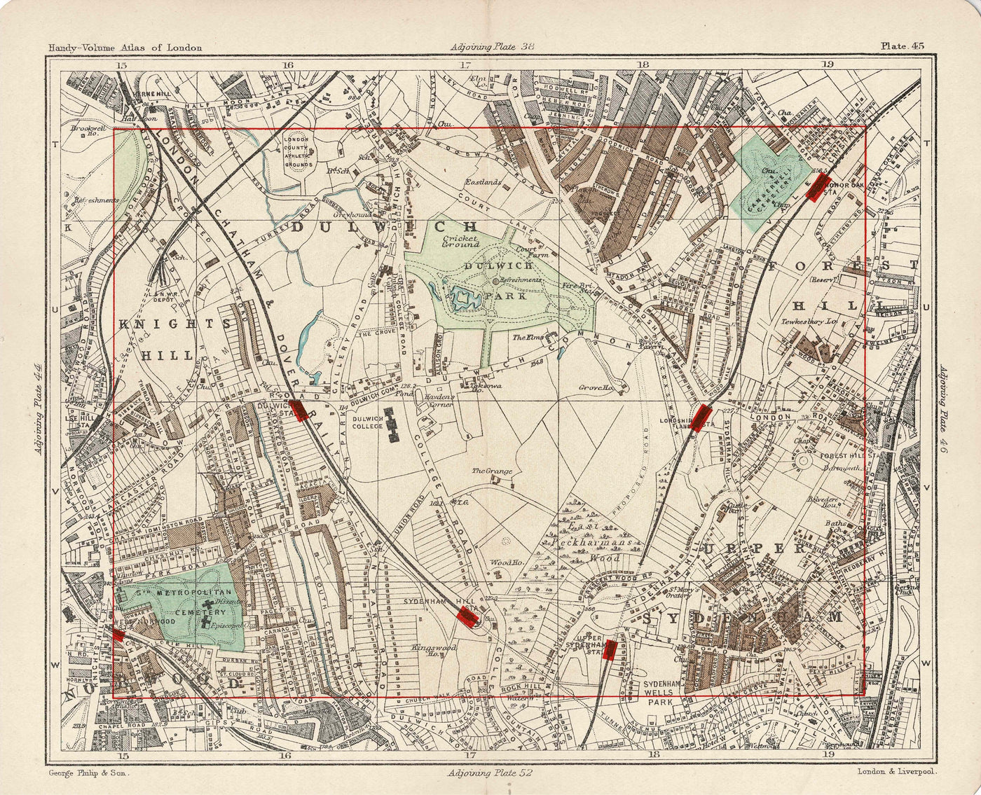 Dulwich, Knights Hill, Norwood and Sydenham antique map 1891