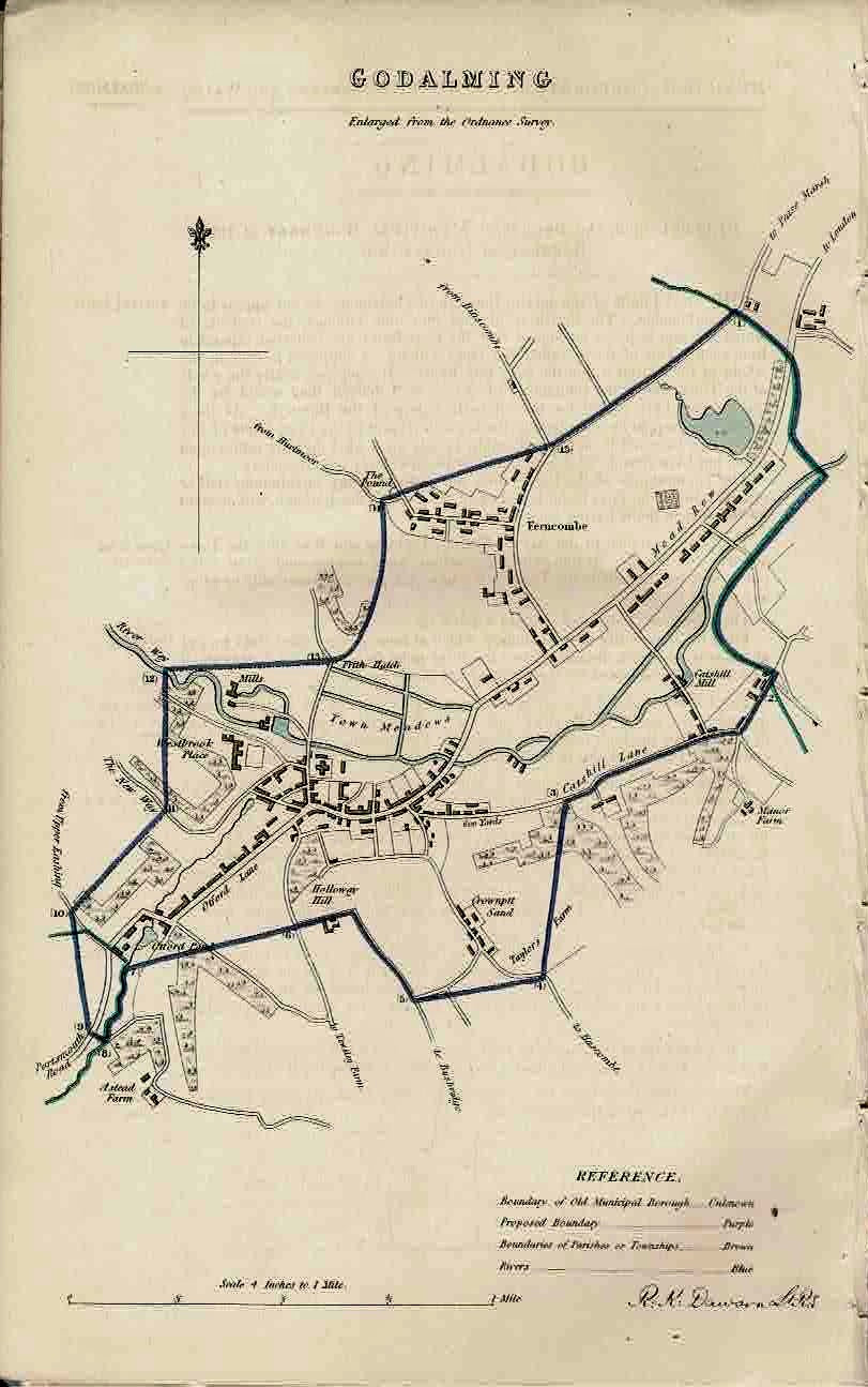 Godalming Surrey Ordnance Survey antique map 1837