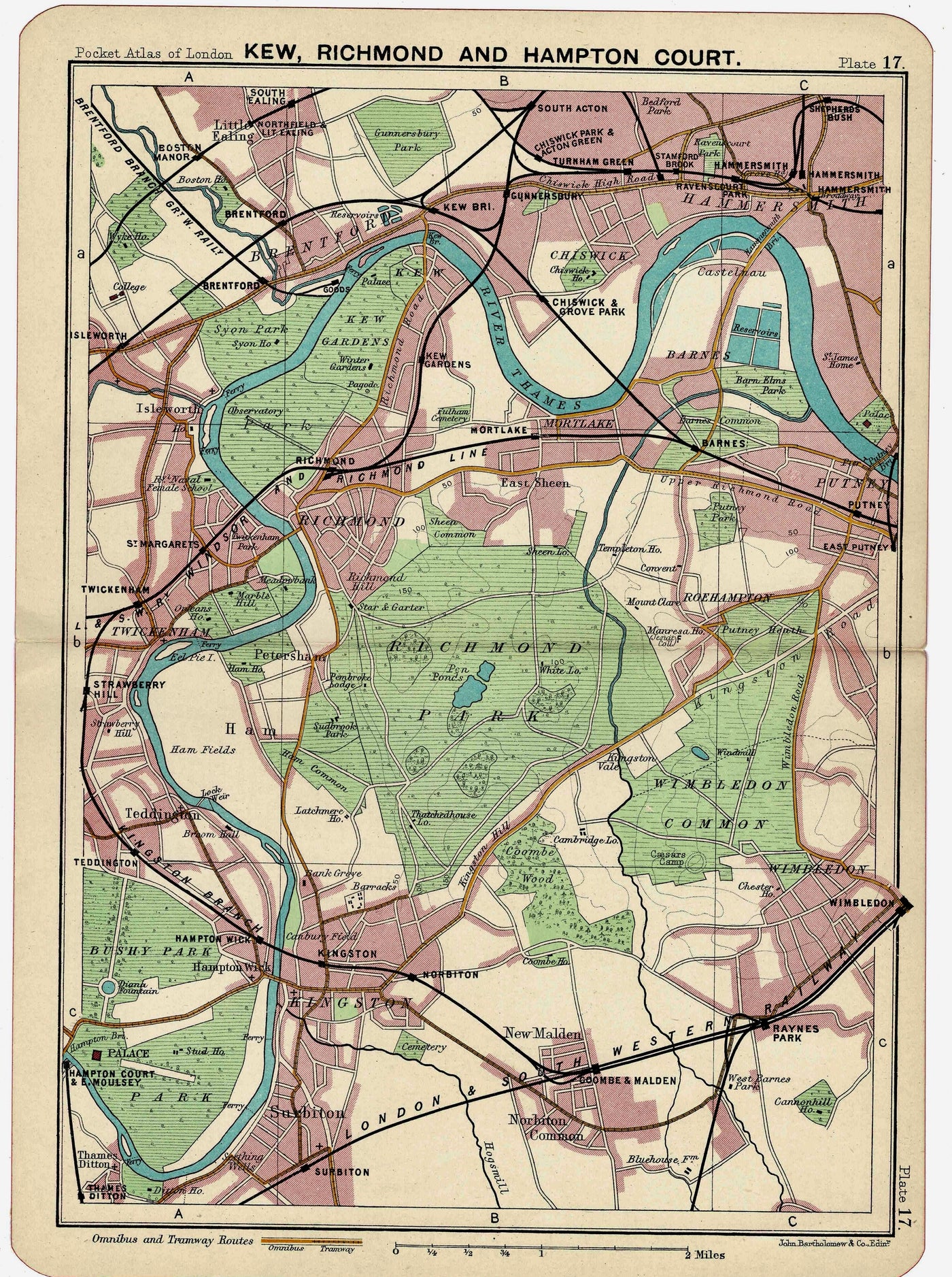 Kew, Richmond and Hampton Court antique map 1914