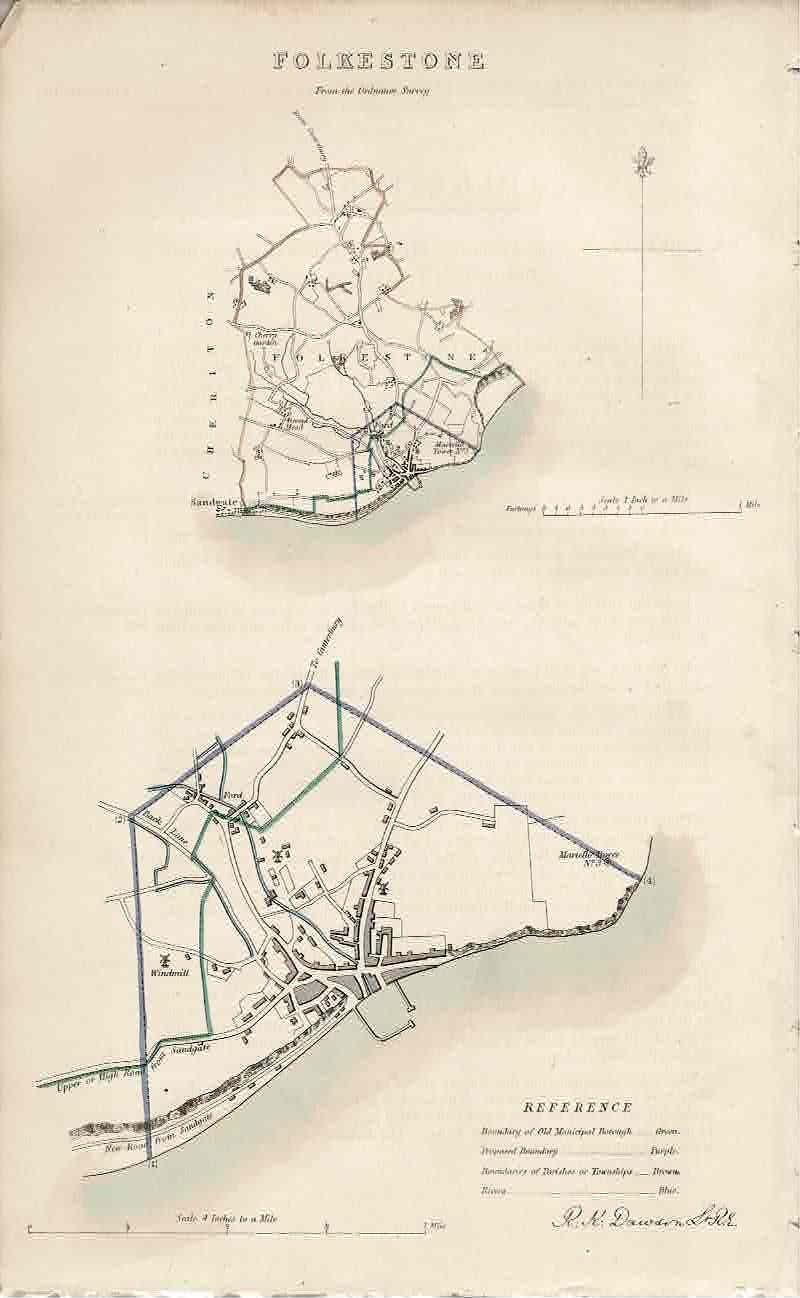 Folkestone Kent antique map 1837