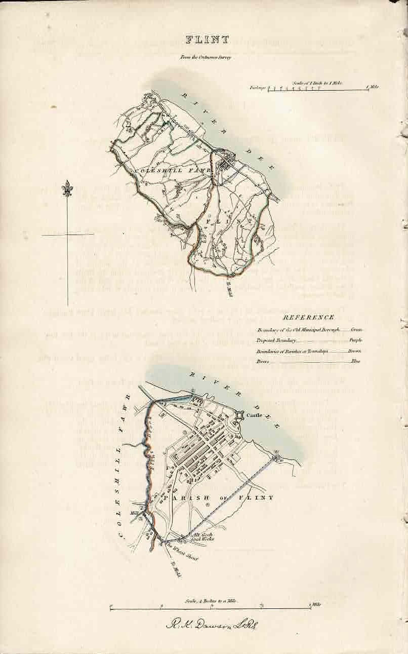 Flint, Flintshire Wales Cymru original antique map 1837