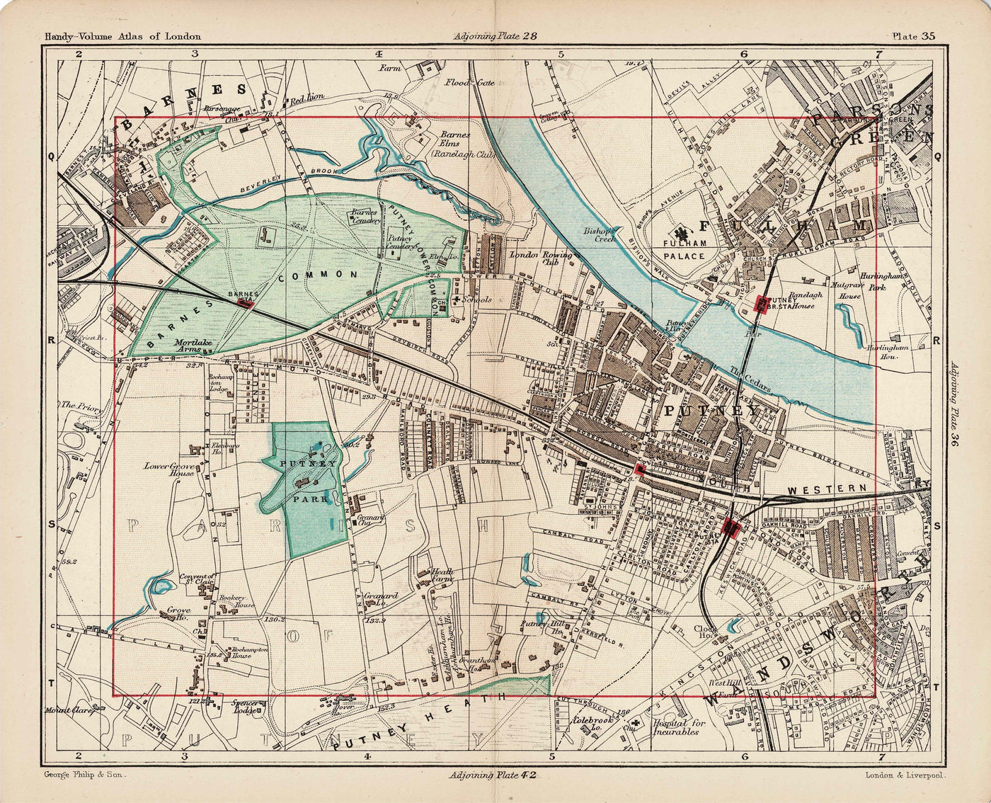 Barnes, Fulham, Putney and Wandsworth antique map, 1891