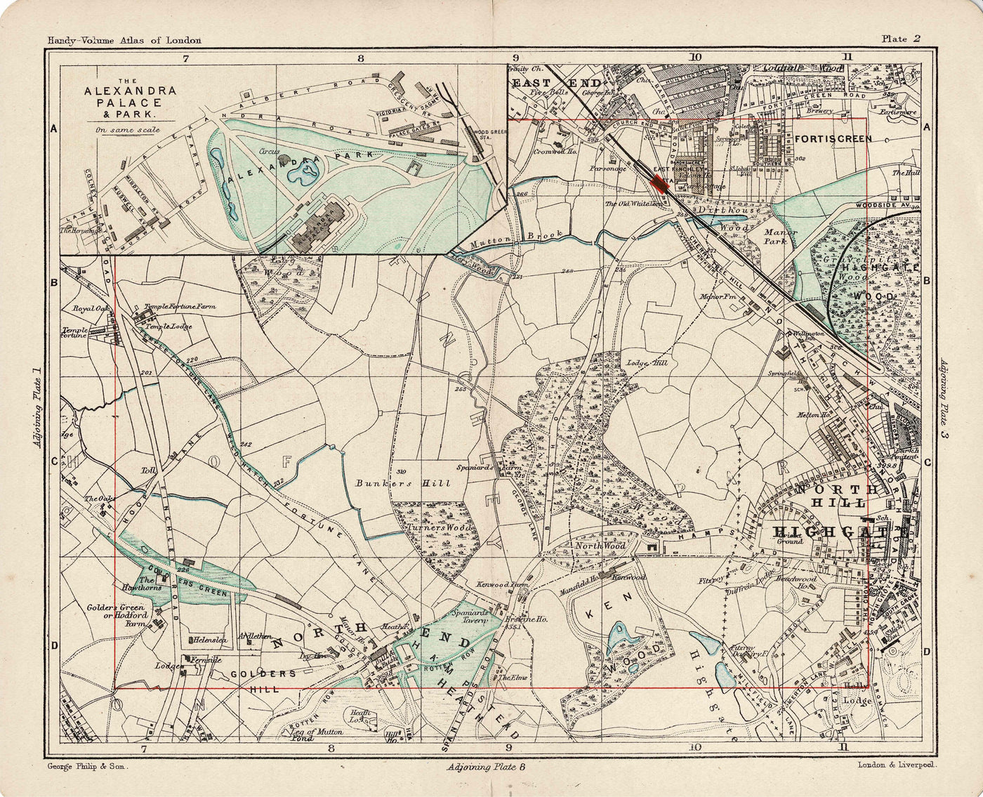 Alexandra Palace, Fortis Green, Kenwood and Highgate antique map 1907