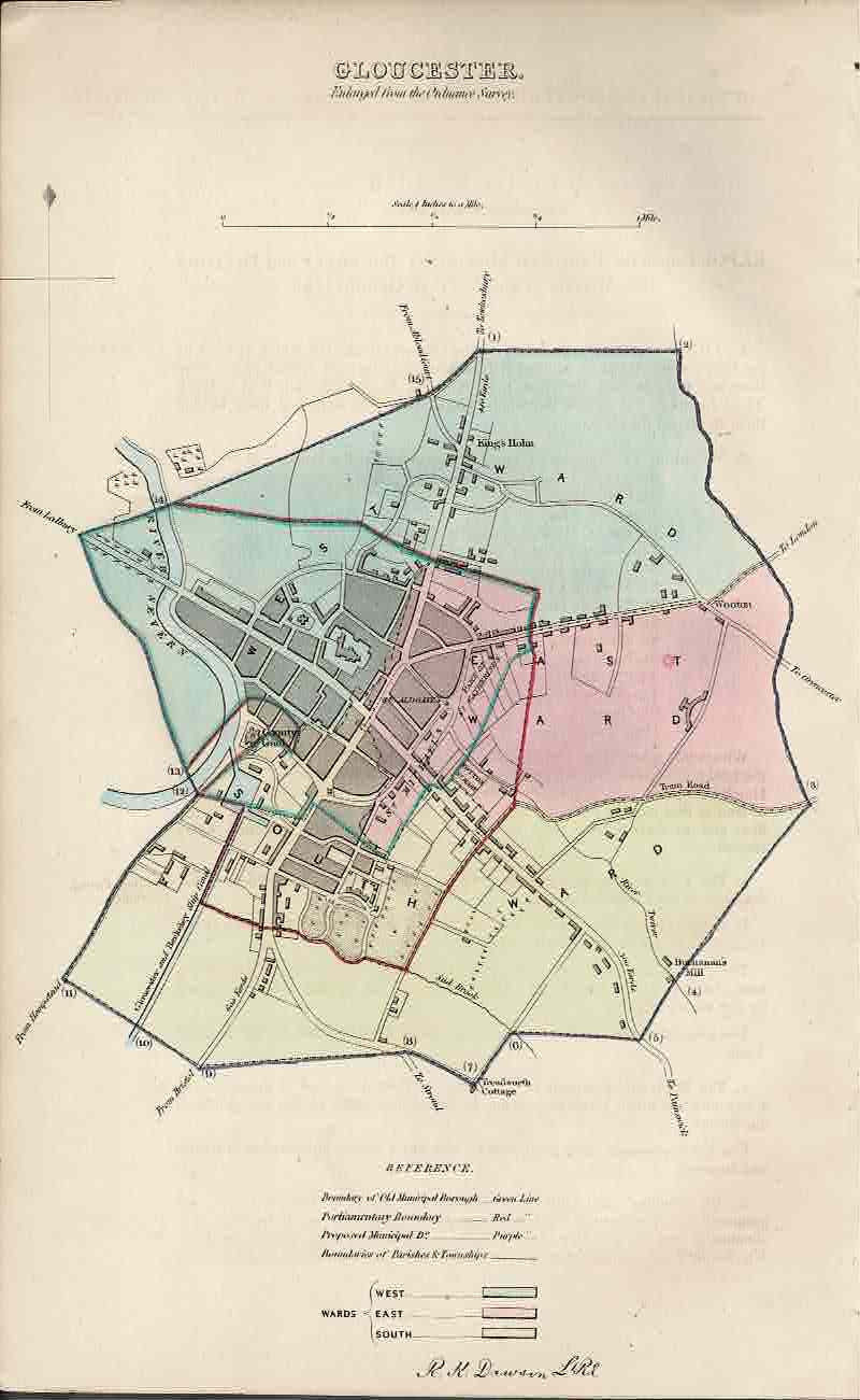 Gloucester Gloucestershire Ordnance Survey antique map 1837