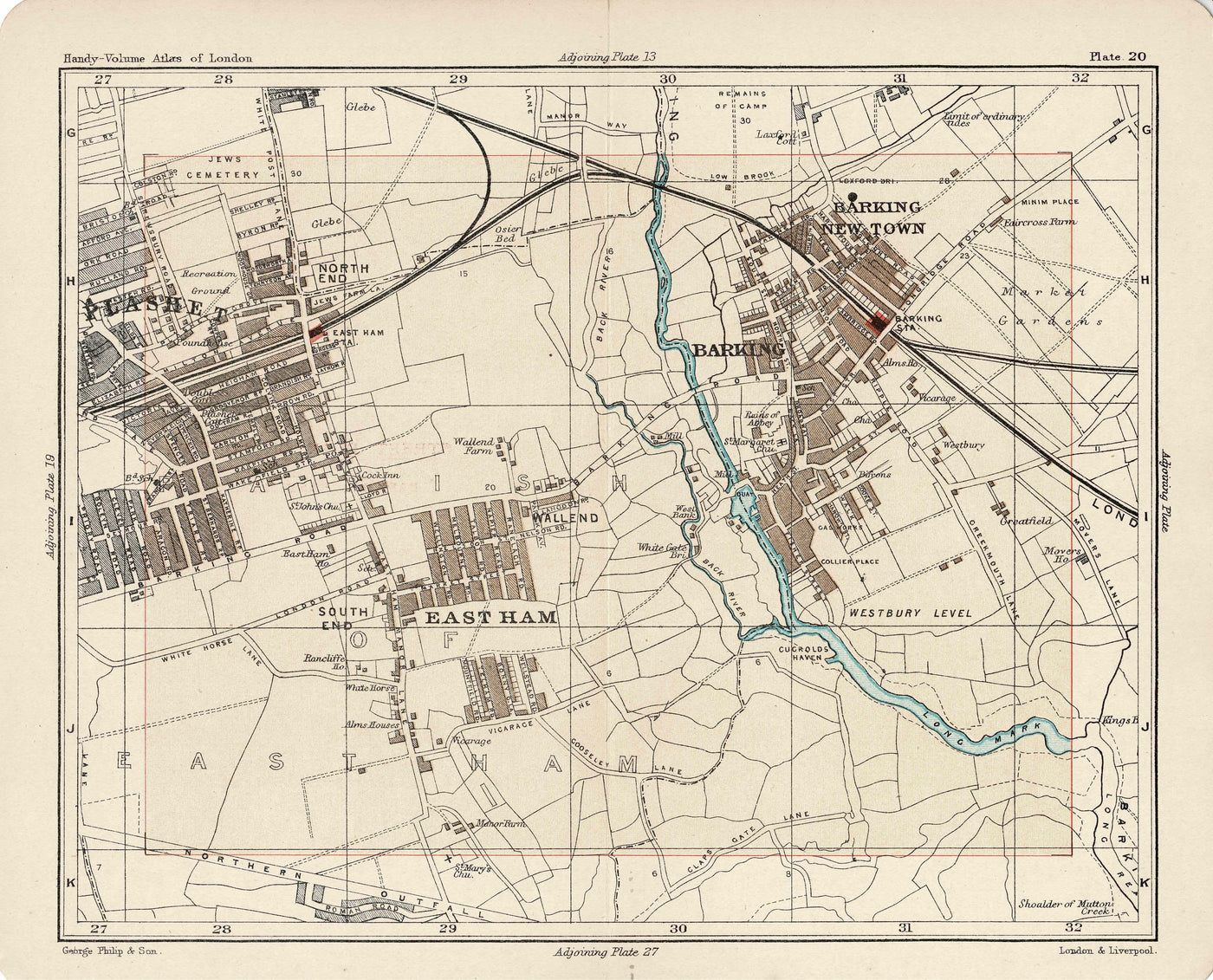 Barking,  East Ham and Plashet Essex antique map 1902