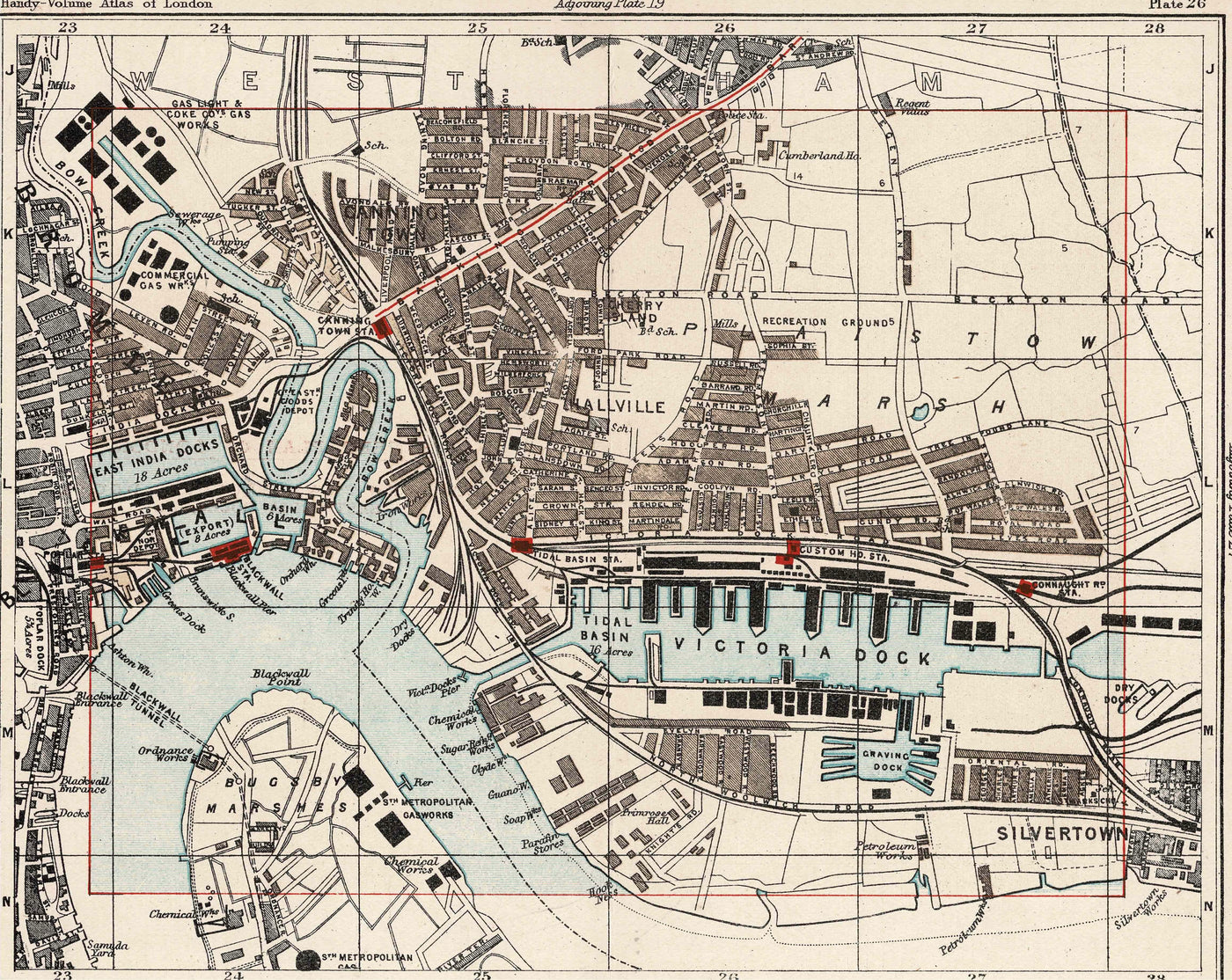 Victoria Dock Canning Town and East India Docks Poplar antique map 1902