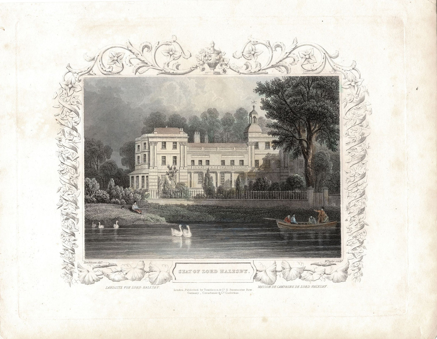 The Seat of Lord Halesby in Surrey from the River Medway antique print c.1840