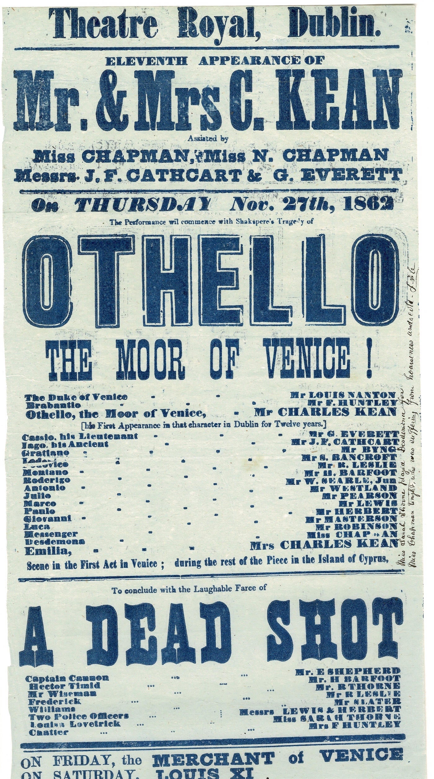 Shakespeare's Othello performed at Theatre Royal Dublin antique print