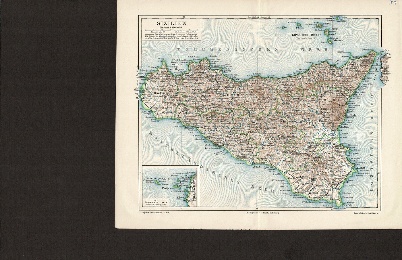 Sicily antique map published 1896 from the 5th edition of Meyer's Konversations-Lexicon