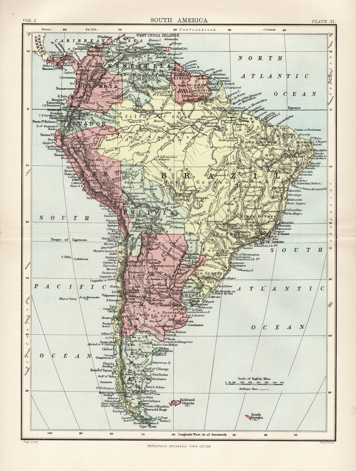 South America antique map from Encyclopaedia Britannica 1889