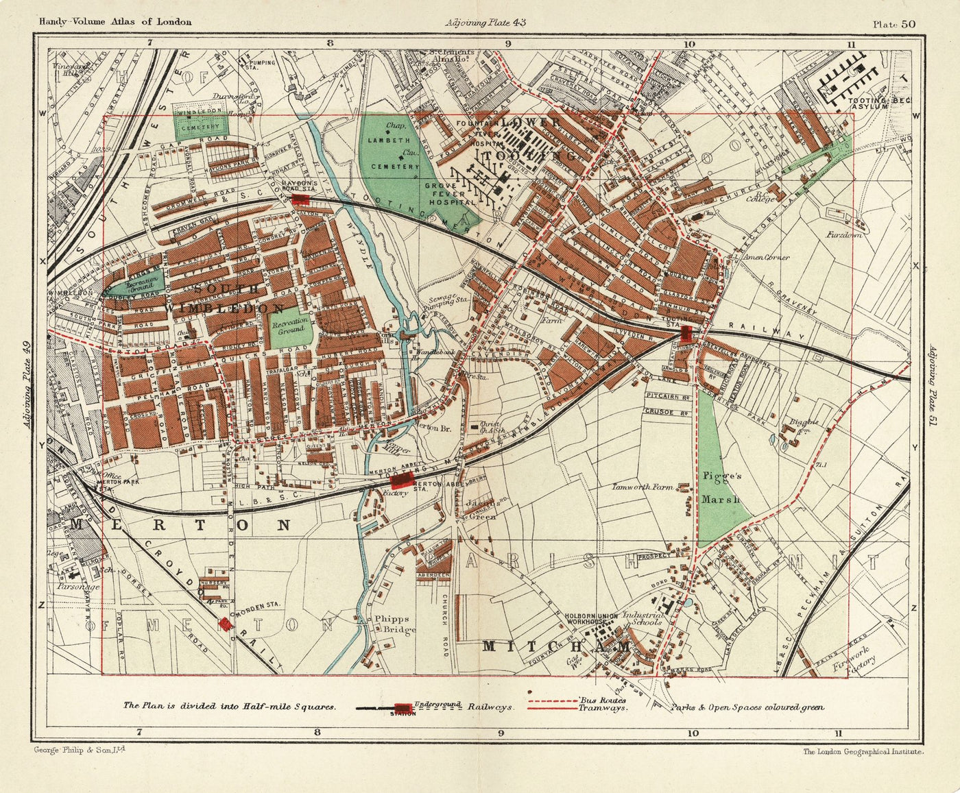 South Wimbledon, Lower Tooting, Mitcham antique map 1907