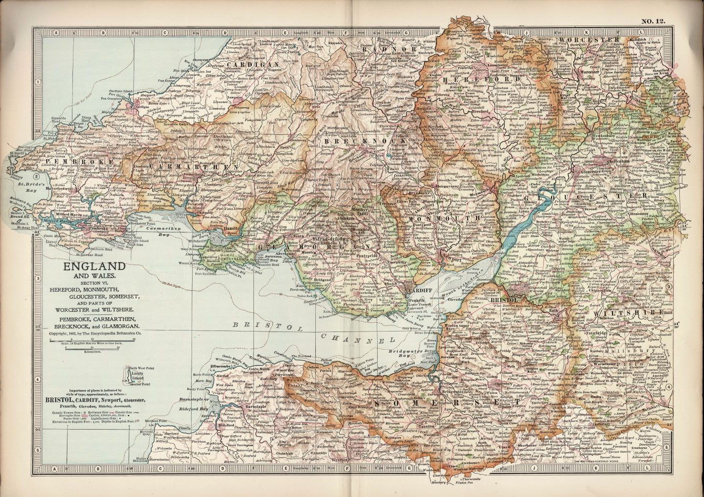 England & Wales, Bristol Channel antique map Encyclopedia Britannica 1903
